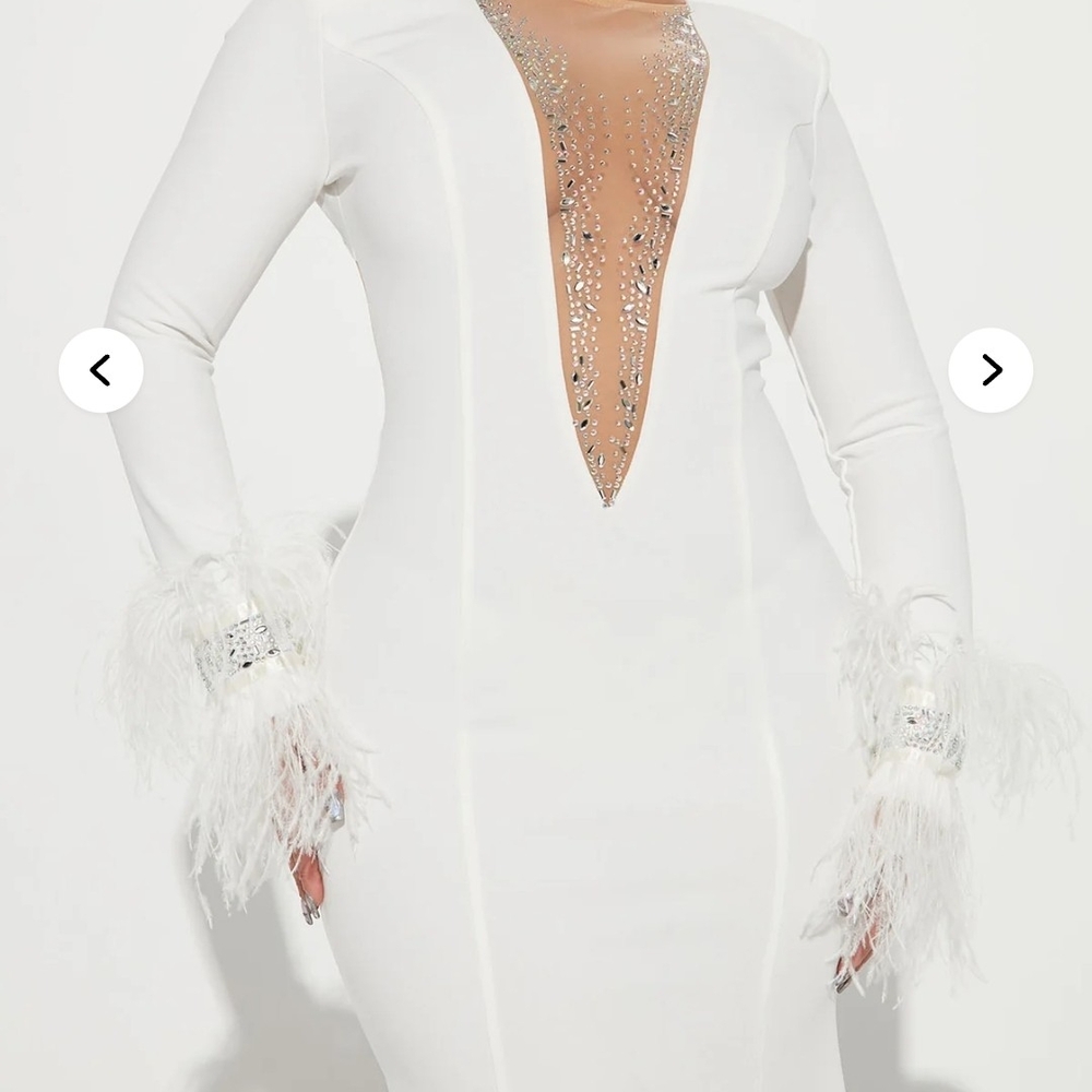 Fashion Nova White Long Sleeve Dress with Feather Accents